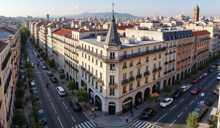 Vista aérea de la zona de Calle de Serrano, 47, Madrid, mostrando la ubicación de la clínica.