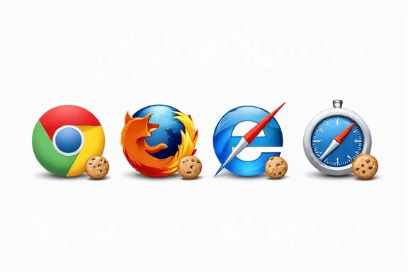 Iconos de diferentes navegadores web con un símbolo de configuración o engranaje, representando la gestión de cookies.