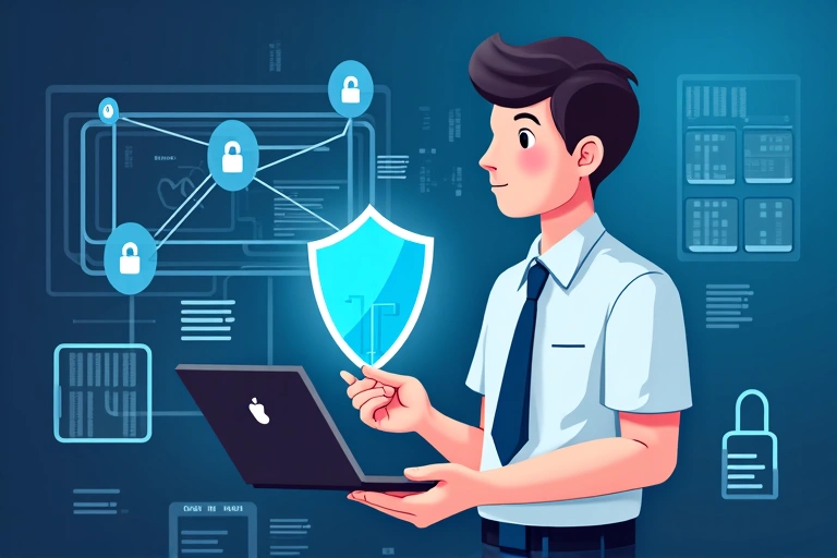 Ilustración de una persona protegiendo datos personales en un entorno digital seguro