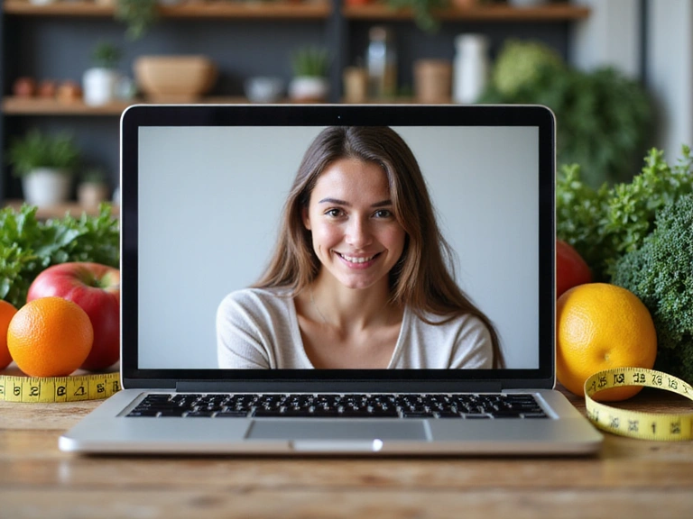 Persona utilizando un ordenador para videollamada, con elementos de nutrición en el fondo