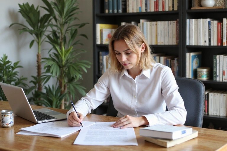 Nutricionista trabajando en su oficina, rodeada de libros y materiales de investigación
