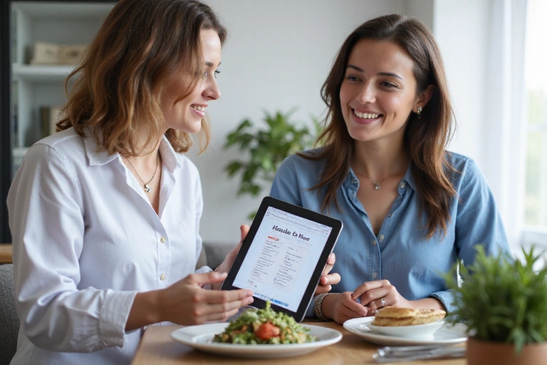 Nutricionista explicando un plan de alimentación a un paciente en una tablet